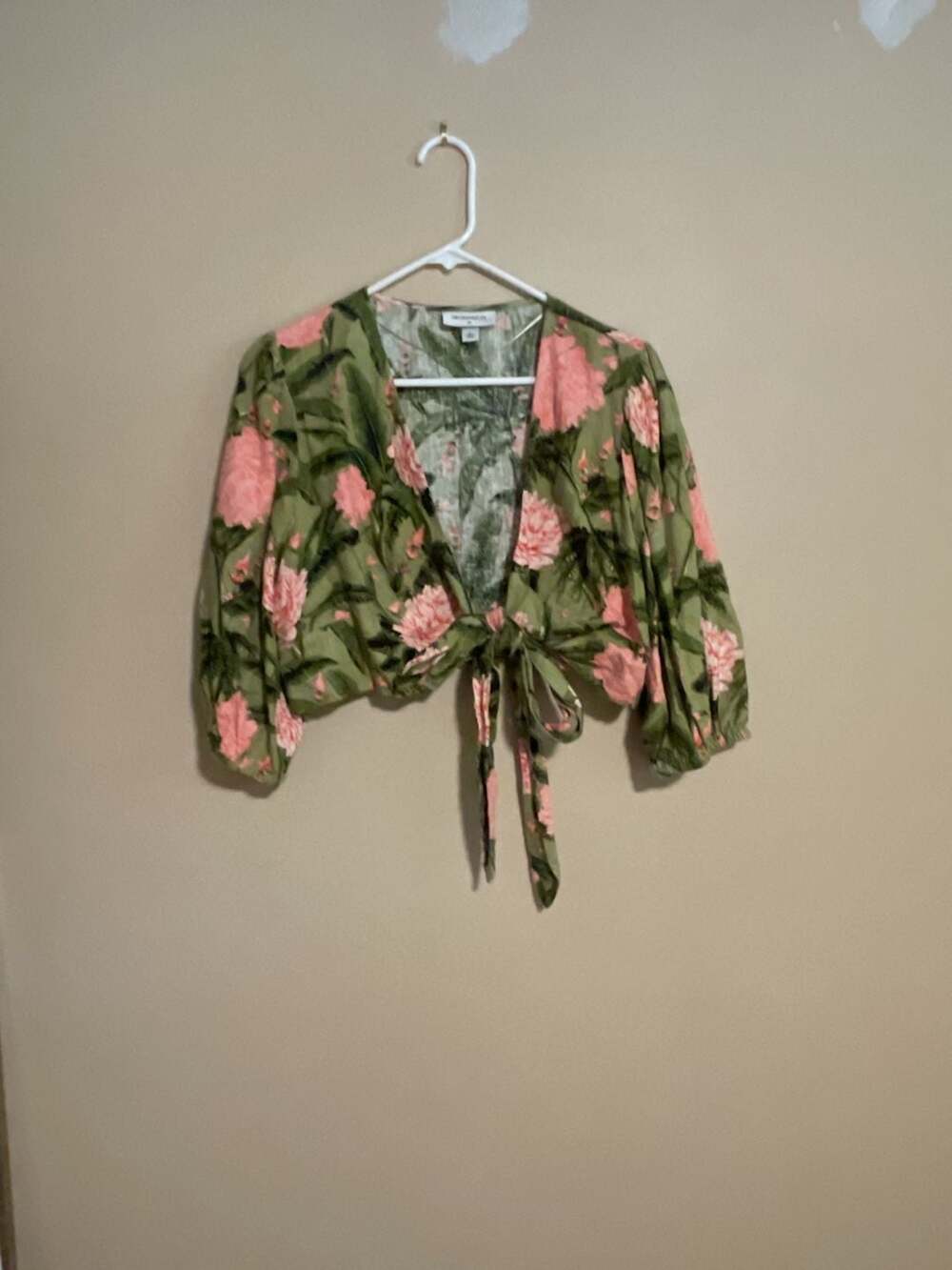 Agua Bendita Floral Tie Wrap Top Size XL Green Pink Linen Blend Crop